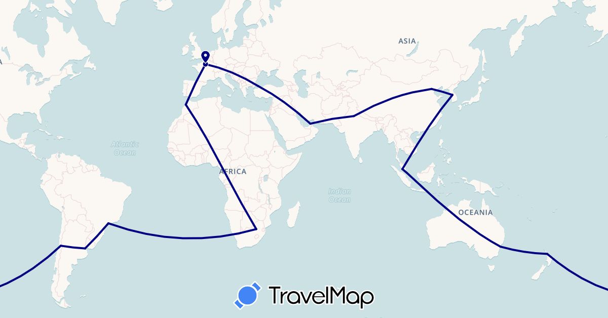 TravelMap itinerary: driving in United Arab Emirates, Argentina, Australia, Brazil, Chile, China, France, India, South Korea, Morocco, Malaysia, New Zealand, Turkey, South Africa (Africa, Asia, Europe, Oceania, South America)